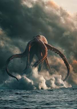 Giant Octopus Emerging from Stormy Seas