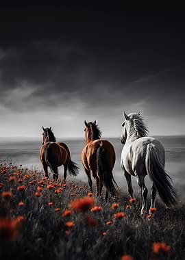 Three horses in a poppy field