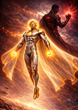 Superheroes Battling in Fiery Sky