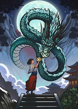 Girl Offers Lotus to Dragon Under Moon