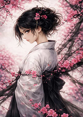 Woman in Kimono with Cherry Blossoms