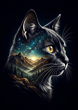 Cosmic Cat Landscape and Mountains Starry Sky