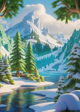 Snowy Mountain Landscape with Lake