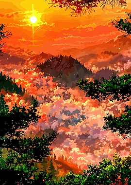 Vibrant Sunset Over Mountainous Forest