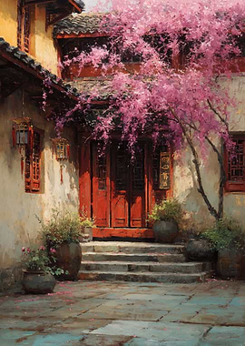 Traditional Courtyard with Cherry Blossoms