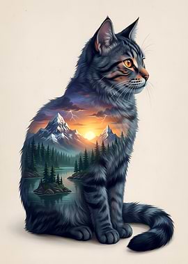 Cat with Mountain Landscape by Sunset Nature