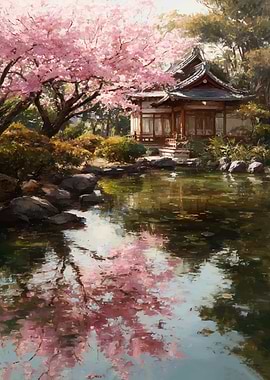 Japanese Garden with Cherry Blossoms