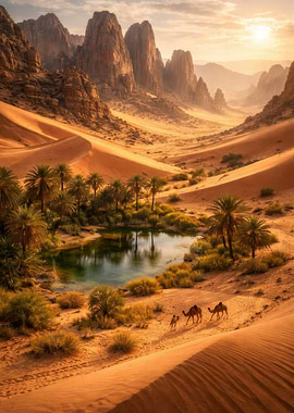 Desert Oasis with Camels