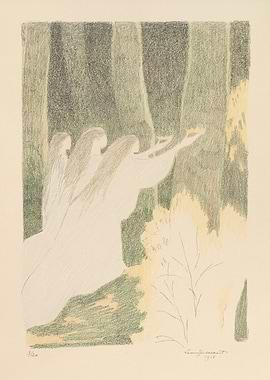 Three figures in a forest