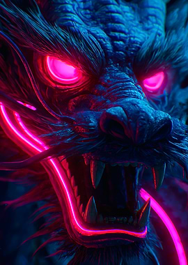 Neon Synthwave Roaring Dragon Portrait