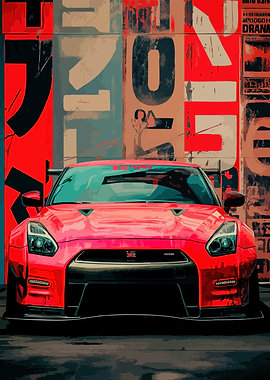 Red Nissan GT-R with Japanese Graffiti Background