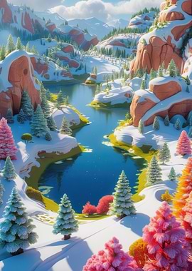 Winter Wonderland Lake with Colorful Trees