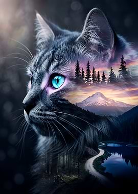 Cat with Mountain Landscape and Forest Nature