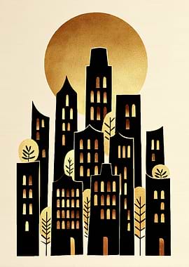 Golden Cityscape with Sun