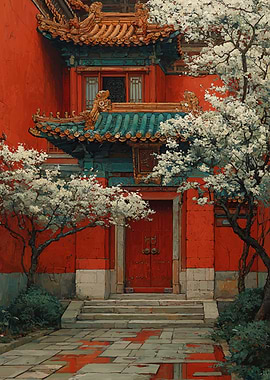 Chinese Courtyard with Blooming Trees