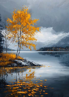 Autumn Tree by a Lake