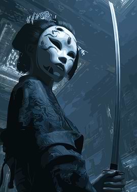 Geisha with Mask and Katana