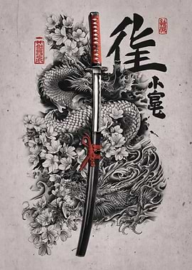Dragon Sword and Cherry Blossoms Tattoo Design