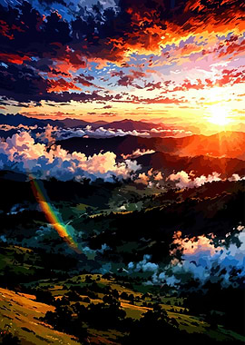 Dramatic Sunset Over Mountains with Rainbow