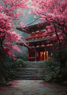 Japanese Temple in Cherry Blossoms