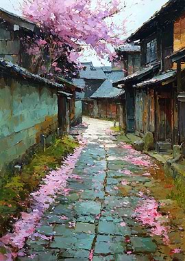 Cherry Blossoms in a Japanese Alley