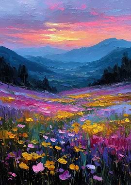 Impressionist Wildflower Meadow at Sunset