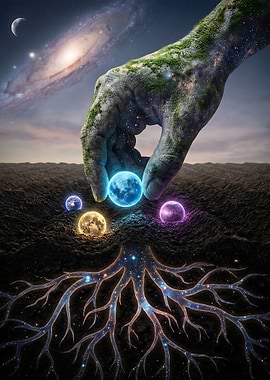 Cosmic Hand Planting Celestial Orbs