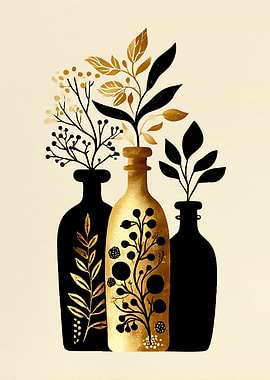 Botanical Vases with Gold and Black Foliage