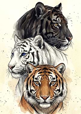 Three Tigers Watercolor Painting