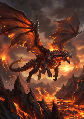 Fiery Dragon Over Lava Landscape