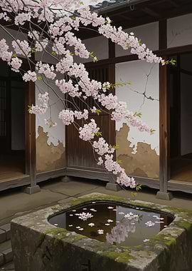 Cherry Blossoms in Japanese Courtyard