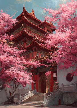 Traditional Asian Temple Amidst Cherry Blossoms