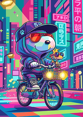 Cute Dog Riding a Bicycle in Neon City