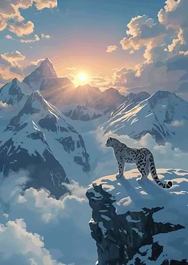 Snow Leopard on Mountain Cliff at Sunset