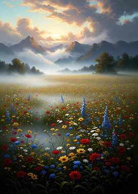 Misty Mountain Meadow Sunrise