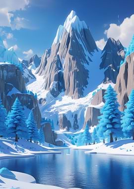 Snowy Mountain Landscape with Lake