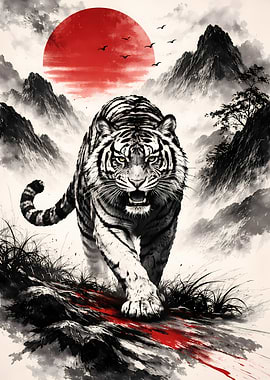 Tiger in a Japanese Landscape