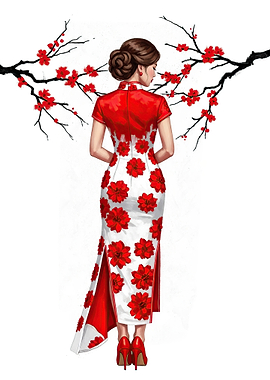 Woman in Floral Cheongsam with Cherry Blossoms