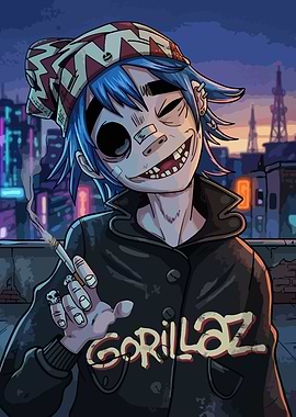2-D from Gorillaz smoking on a rooftop