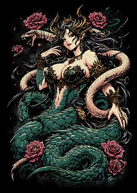 Lamia Queen viking Nordic Naga with Roses and Snakes