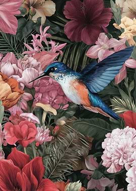 Hummingbird in a Tropical Floral Garden