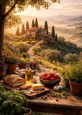 Tuscan Landscape with Food Spread