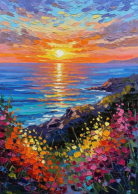 Impressionist Sunset Over Ocean with Flowers