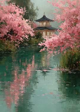 Pagoda by Cherry Blossoms