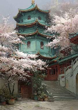 Pagoda Surrounded by Cherry Blossoms