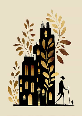 Man walking past building with gold leaves