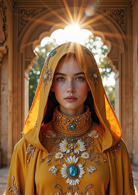 Woman in ornate yellow hooded dress