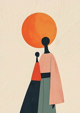 Abstract figures under an orange sun