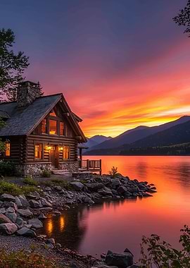 Log Cabin by a Lake at Sunset