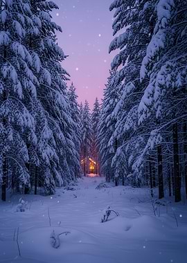 Cozy Cabin in Snowy Forest at Dusk